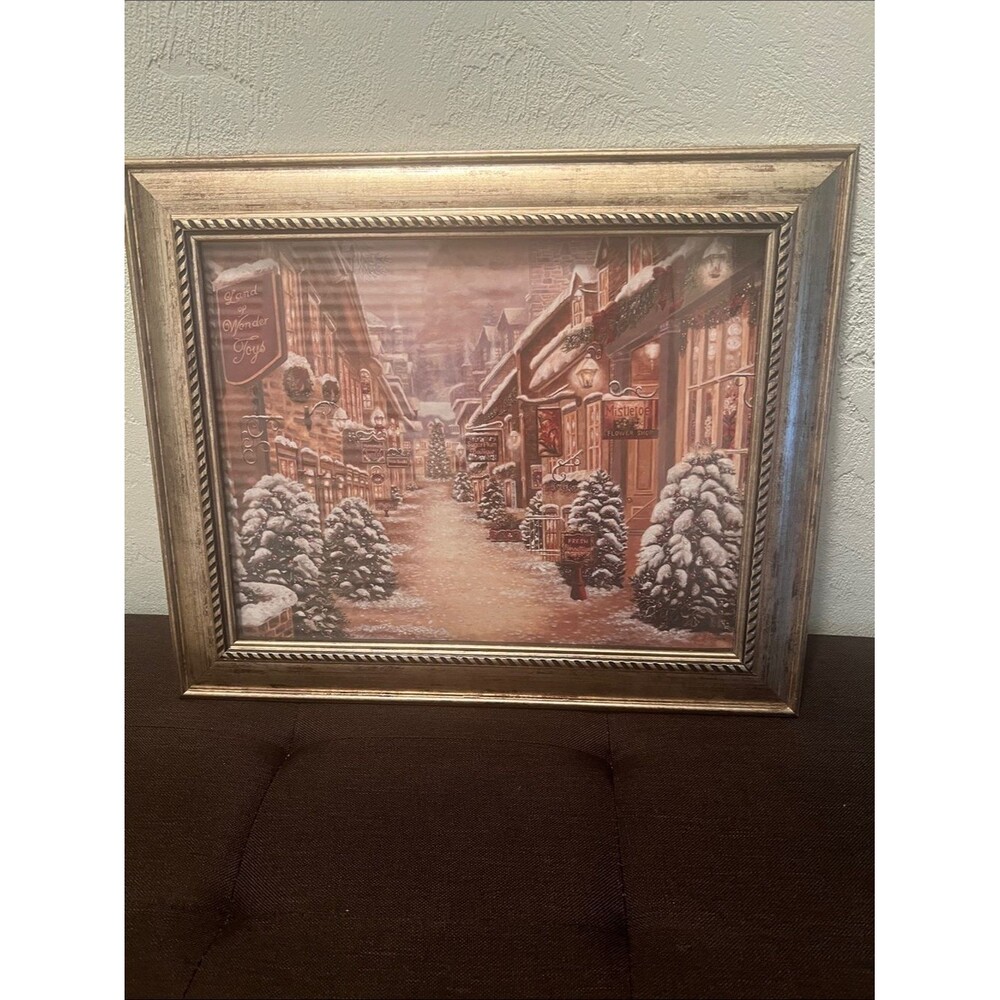 #2072**”15x17”Framed Winter Street Scene Wall Art - Snowy Town